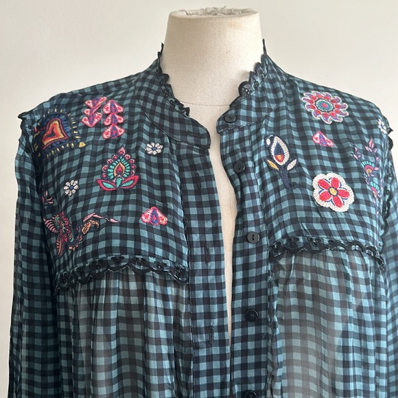 Johnny Was JADE Embroidered Eyelet Checkered Tunic Blouse Dress sz Small - Picture 3 of 5